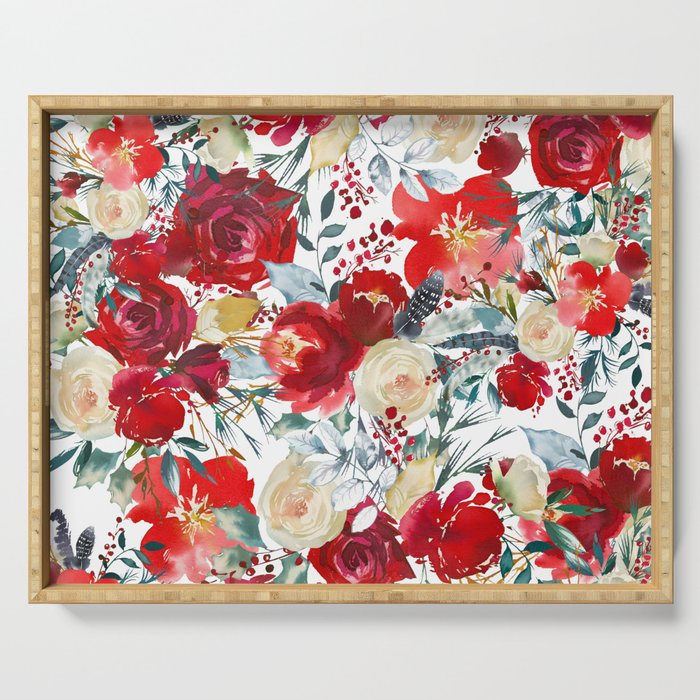 Red teal hand painted boho watercolor roses floral Serving Tray Gallery Image 1