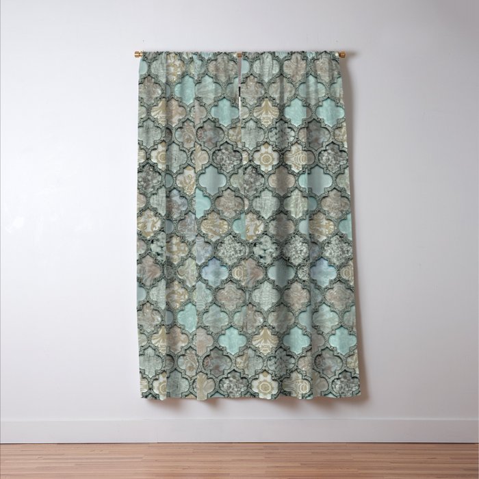 Old Moroccan Tiles Pattern Teal Beige Distressed Style Window Curtain Gallery Image 3