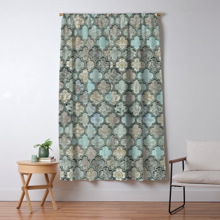 Old Moroccan Tiles Pattern Teal Beige Distressed Style Window Curtain Gallery Image 5