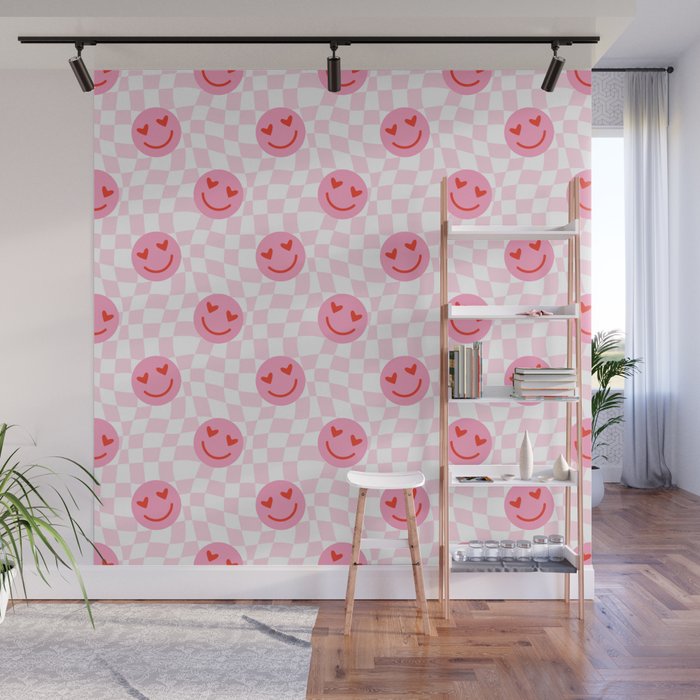 Romantic heart eye face checkered pattern Wall Mural Gallery Image 1