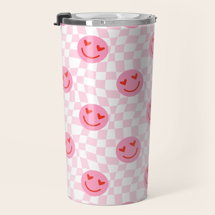 Romantic heart eye face checkered pattern Travel Mug Gallery Image 3