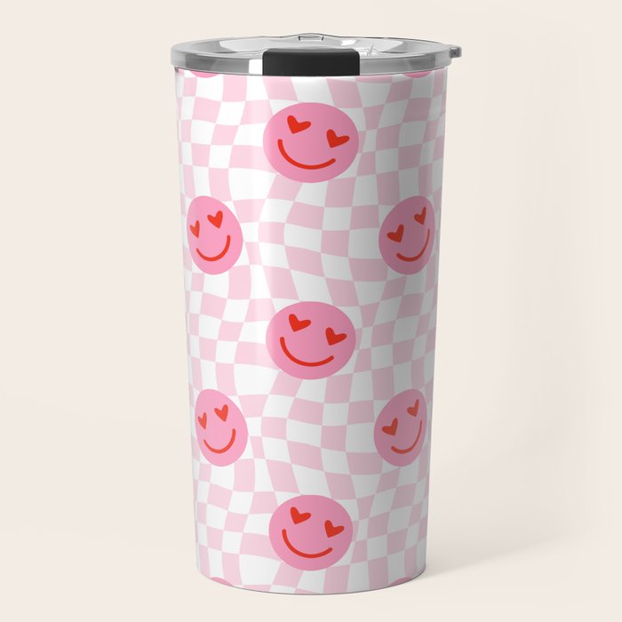Romantic heart eye face checkered pattern Travel Mug Gallery Image 1