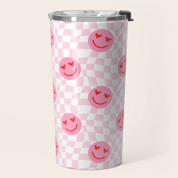 Romantic heart eye face checkered pattern Travel Mug Gallery Image 2