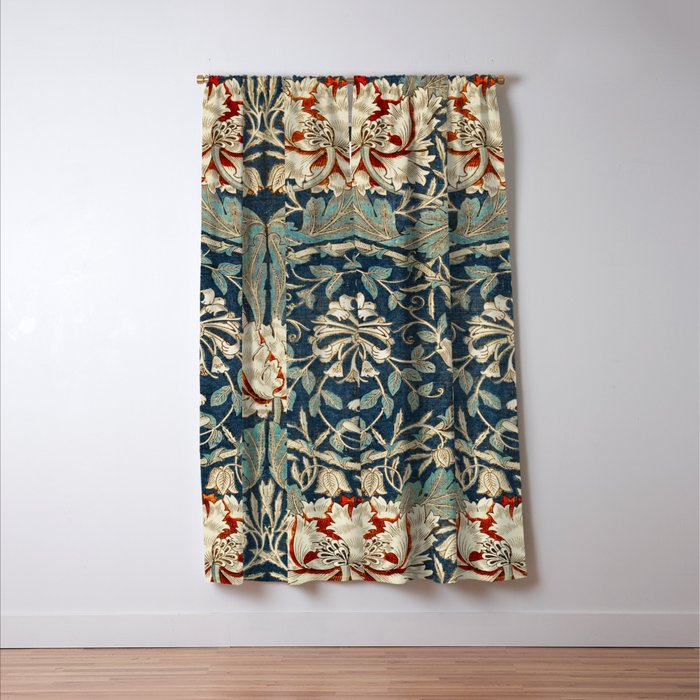 William Morris Vintage Honeysuckle 1876 Indigo Blue Antique Floral  Window Curtain Gallery Image 3