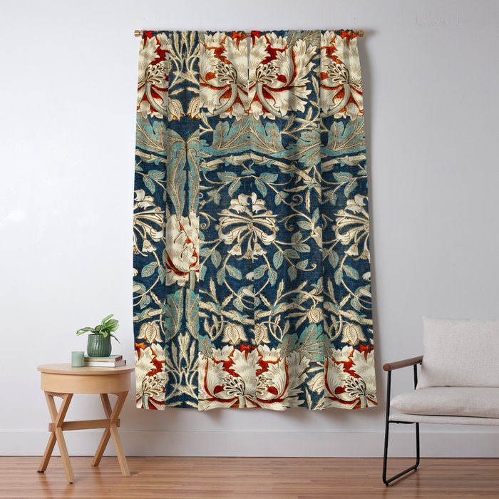 William Morris Vintage Honeysuckle 1876 Indigo Blue Antique Floral  Window Curtain Gallery Image 5
