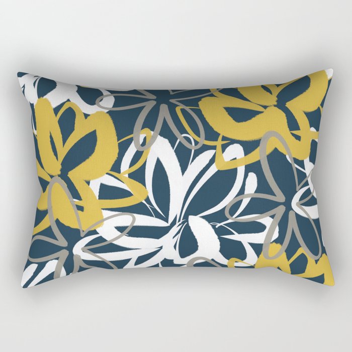 Lotus Garden Painted Floral Pattern in Light Mustard, White, and Gray on Navy Blue Rectangular Pillow Gallery Image 2