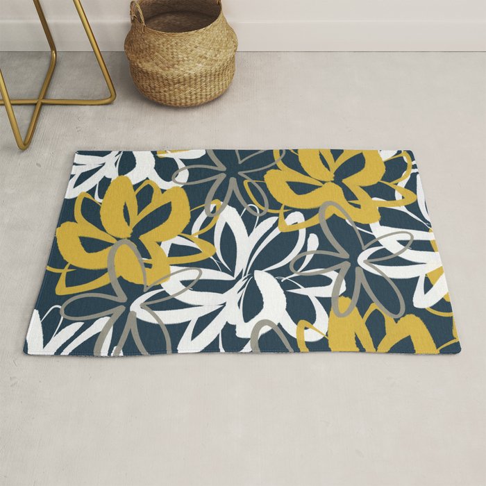 Lotus Garden Painted Floral Pattern in Light Mustard, White, and Gray on Navy Blue Rug Gallery Image 1