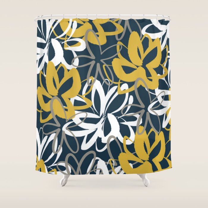 Lotus Garden Painted Floral Pattern in Light Mustard, White, and Gray on Navy Blue Shower Curtain Gallery Image 1