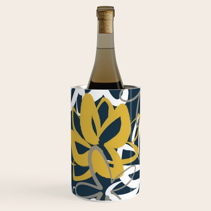 Lotus Garden Painted Floral Pattern in Light Mustard, White, and Gray on Navy Blue Wine Chiller Gallery Image 2