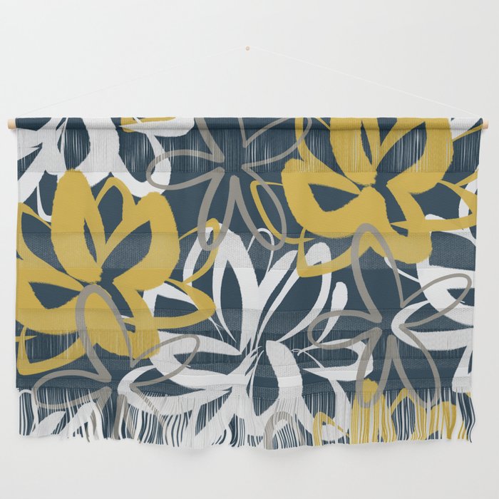 Lotus Garden Painted Floral Pattern in Light Mustard, White, and Gray on Navy Blue Wall Hanging Gallery Image 1
