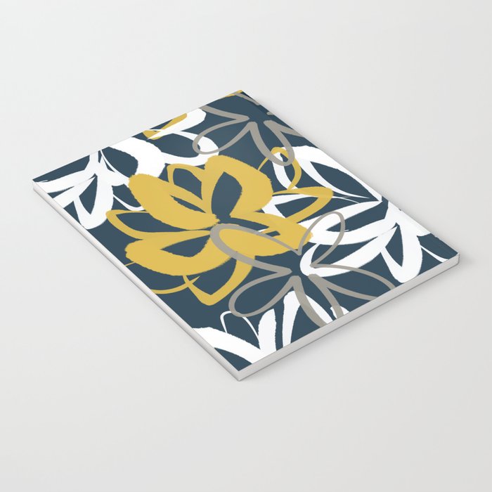 Lotus Garden Painted Floral Pattern in Light Mustard, White, and Gray on Navy Blue Notebook Gallery Image 3