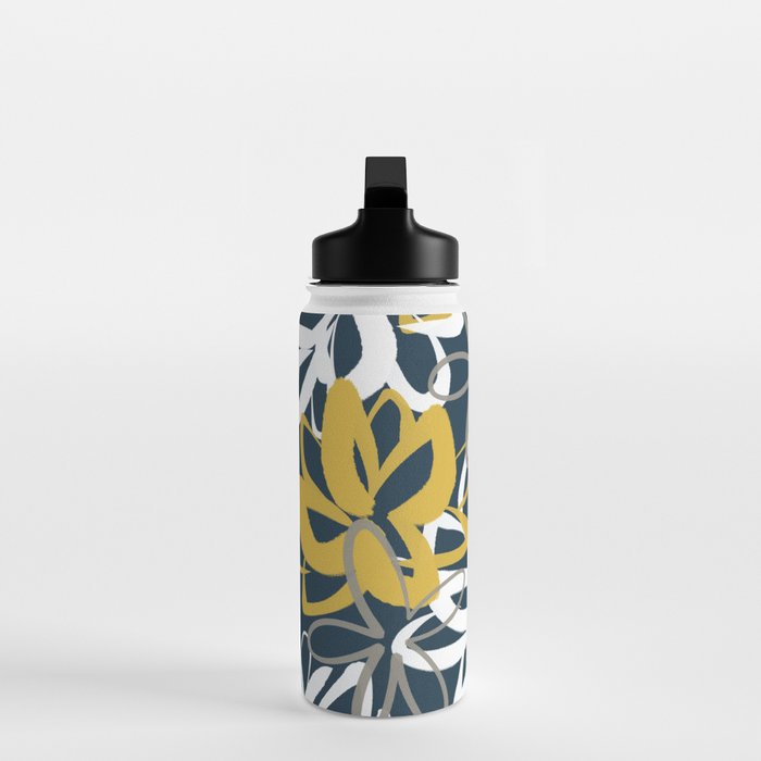 Lotus Garden Painted Floral Pattern in Light Mustard, White, and Gray on Navy Blue Water Bottle Gallery Image 3