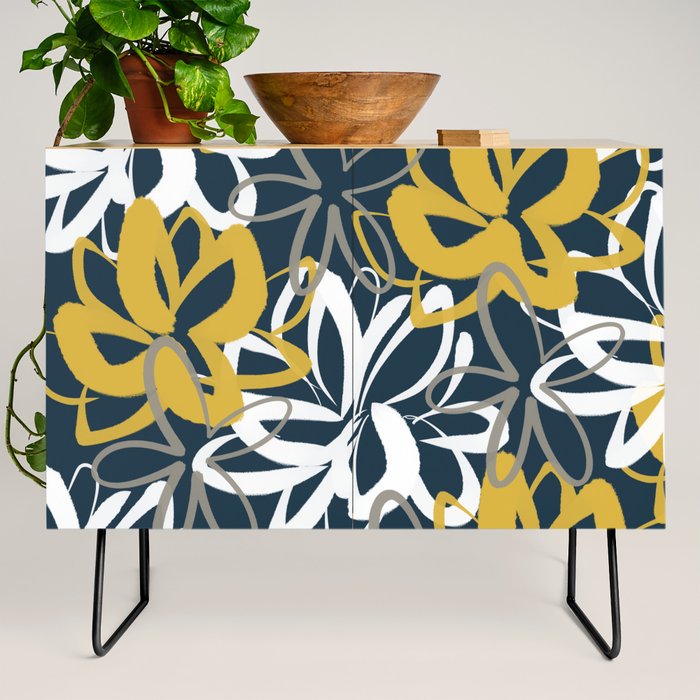 Lotus Garden Painted Floral Pattern in Light Mustard, White, and Gray on Navy Blue Credenza Gallery Image 2