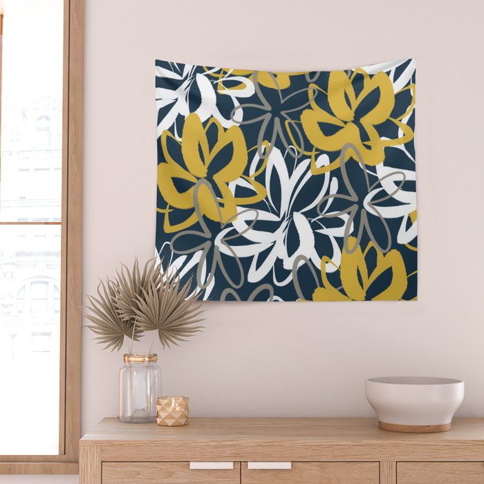 Lotus Garden Painted Floral Pattern in Light Mustard, White, and Gray on Navy Blue Wall Tapestry Gallery Image 2