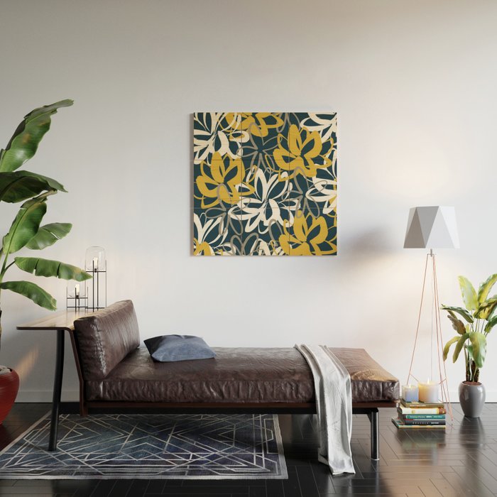 Lotus Garden Painted Floral Pattern in Light Mustard, White, and Gray on Navy Blue Wood Wall Art Gallery Image 2