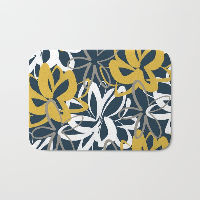 Lotus Garden Painted Floral Pattern in Light Mustard, White, and Gray on Navy Blue Bath Mat Gallery Image 1