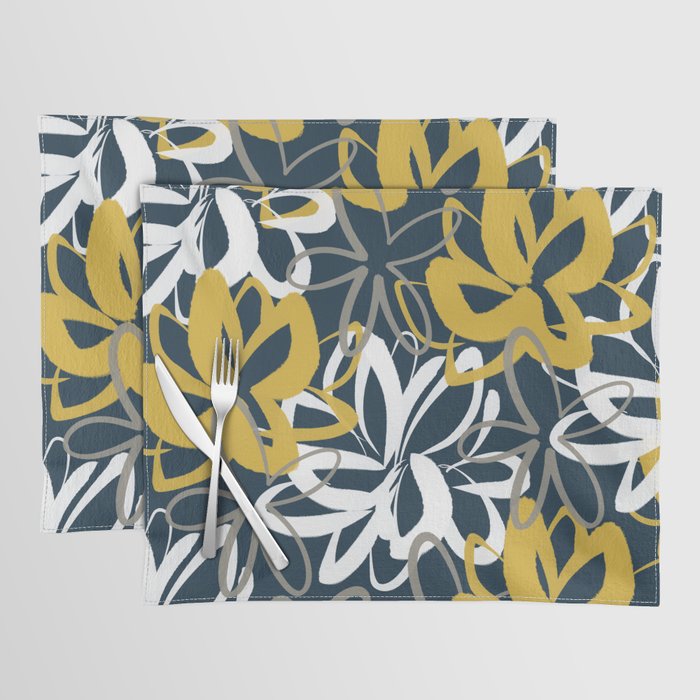 Lotus Garden Painted Floral Pattern in Light Mustard, White, and Gray on Navy Blue Placemat Gallery Image 1