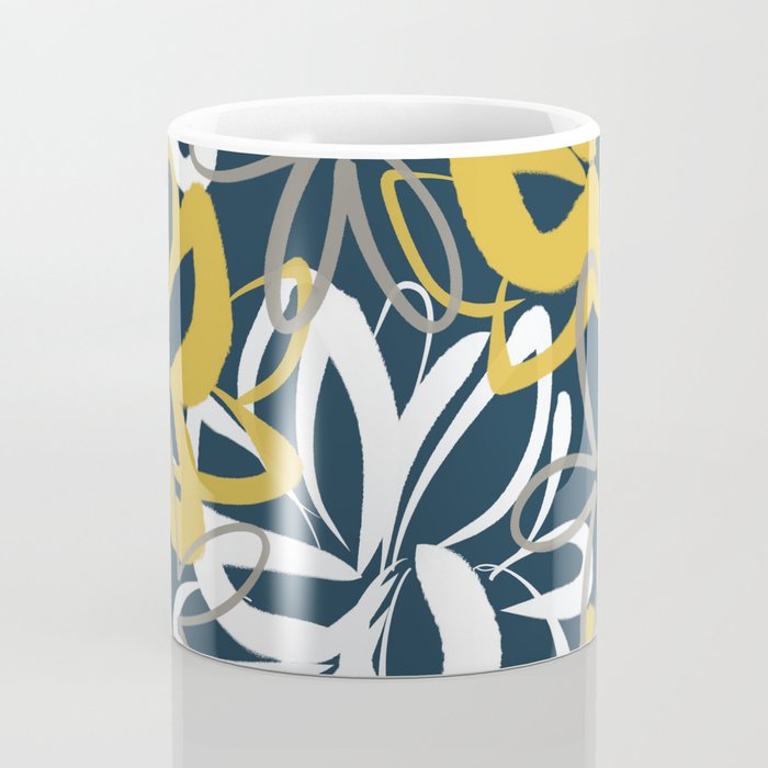 Lotus Garden Painted Floral Pattern in Light Mustard, White, and Gray on Navy Blue Coffee Mug Gallery Image 4