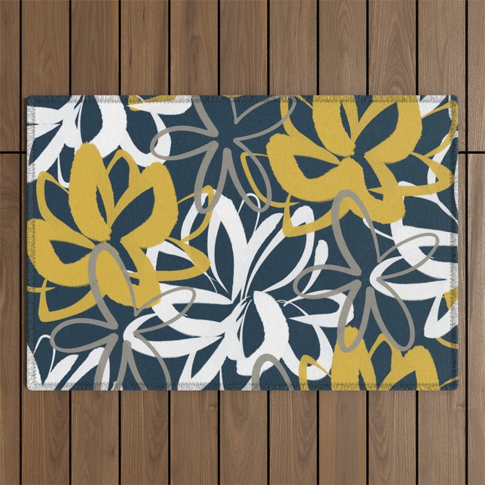Lotus Garden Painted Floral Pattern in Light Mustard, White, and Gray on Navy Blue Outdoor Rug Gallery Image 1
