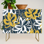 Lotus Garden Painted Floral Pattern in Light Mustard, White, and Gray on Navy Blue Credenza Gallery Image 1