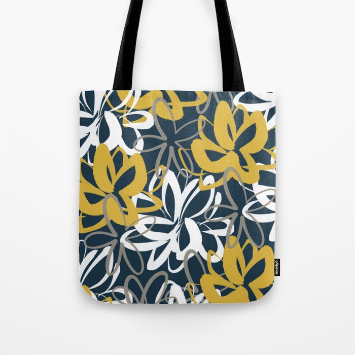 Lotus Garden Painted Floral Pattern in Light Mustard, White, and Gray on Navy Blue Tote Bag Gallery Image 1