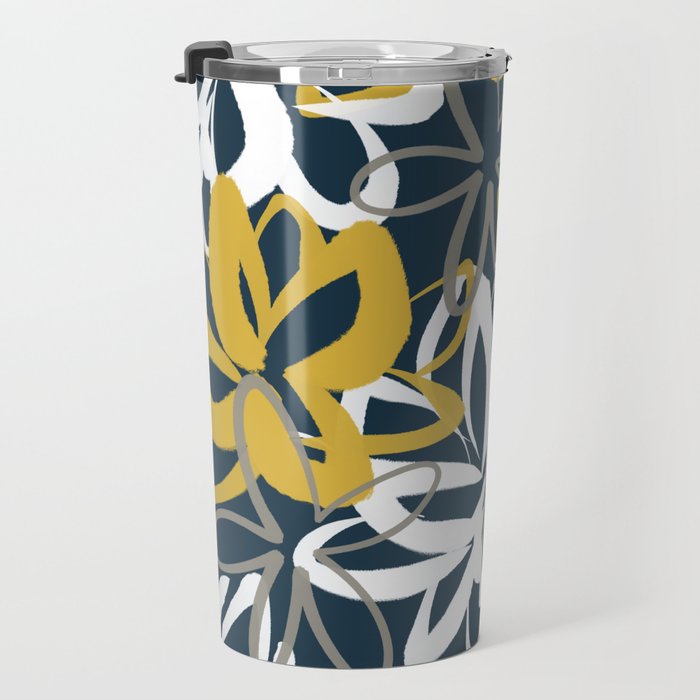 Lotus Garden Painted Floral Pattern in Light Mustard, White, and Gray on Navy Blue Travel Mug Gallery Image 3