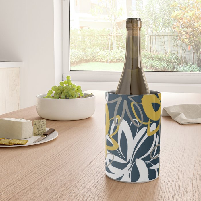 Lotus Garden Painted Floral Pattern in Light Mustard, White, and Gray on Navy Blue Wine Chiller Gallery Image 4