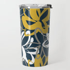 Lotus Garden Painted Floral Pattern in Light Mustard, White, and Gray on Navy Blue Travel Mug Gallery Image 2