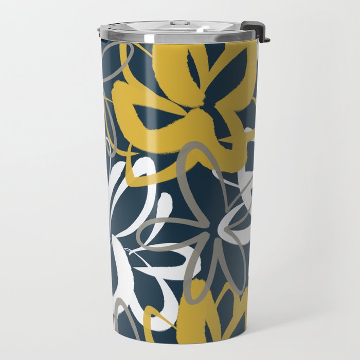 Lotus Garden Painted Floral Pattern in Light Mustard, White, and Gray on Navy Blue Travel Mug Gallery Image 2