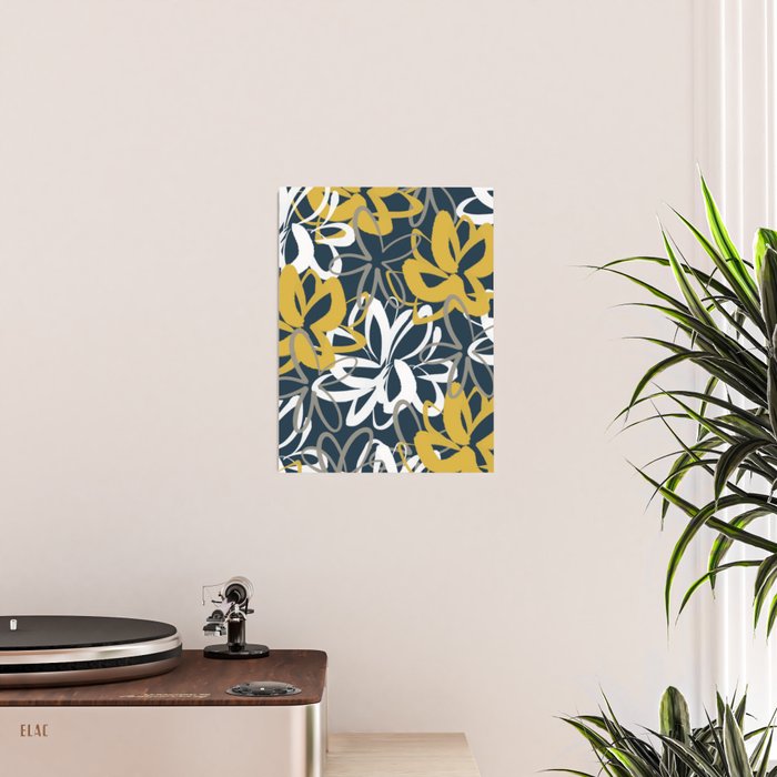 Lotus Garden Painted Floral Pattern in Light Mustard, White, and Gray on Navy Blue Poster Gallery Image 2