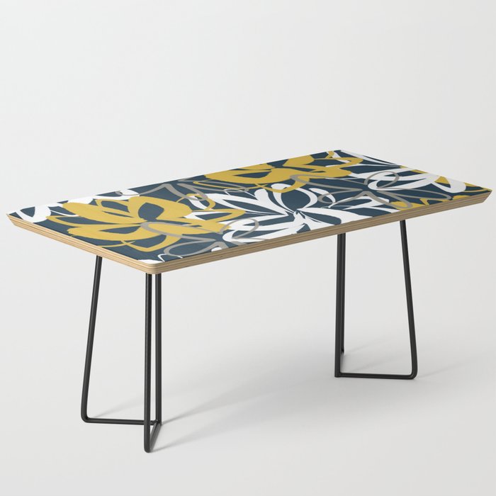 Lotus Garden Painted Floral Pattern in Light Mustard, White, and Gray on Navy Blue Coffee Table Gallery Image 1