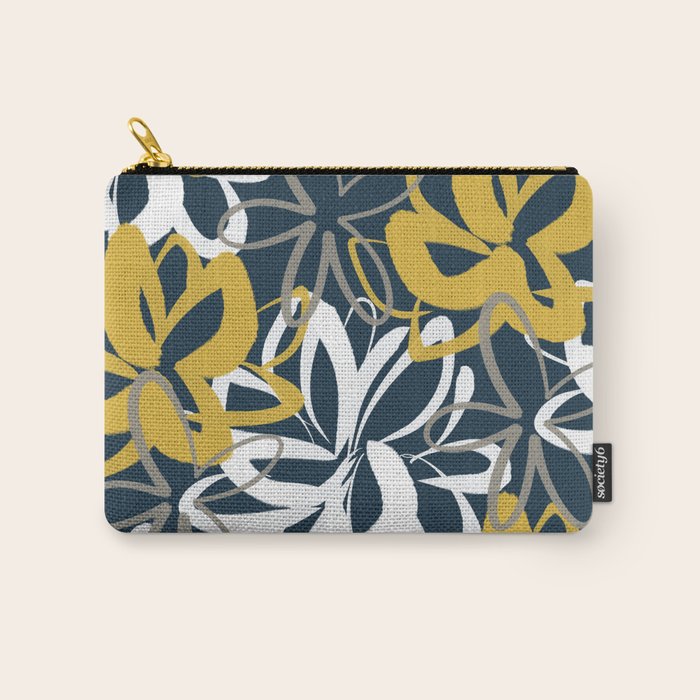 Lotus Garden Painted Floral Pattern in Light Mustard, White, and Gray on Navy Blue Carry All Pouch Gallery Image 1
