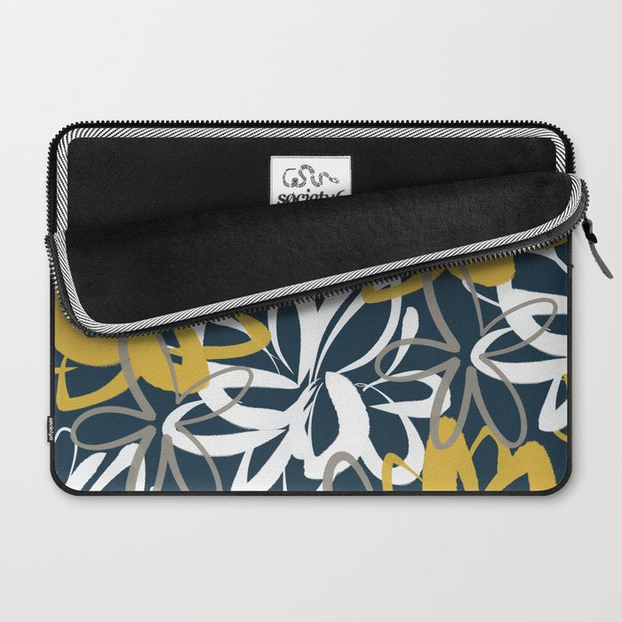Lotus Garden Painted Floral Pattern in Light Mustard, White, and Gray on Navy Blue Laptop Sleeve Gallery Image 2