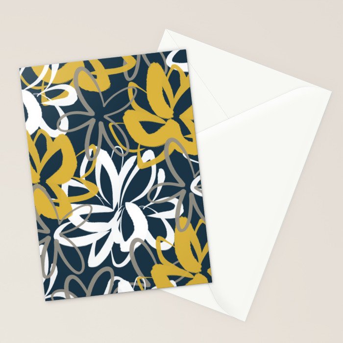 Lotus Garden Painted Floral Pattern in Light Mustard, White, and Gray on Navy Blue Stationery Card Gallery Image 2