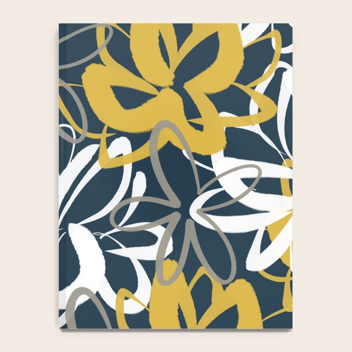 Lotus Garden Painted Floral Pattern in Light Mustard, White, and Gray on Navy Blue Notebook Gallery Image 4
