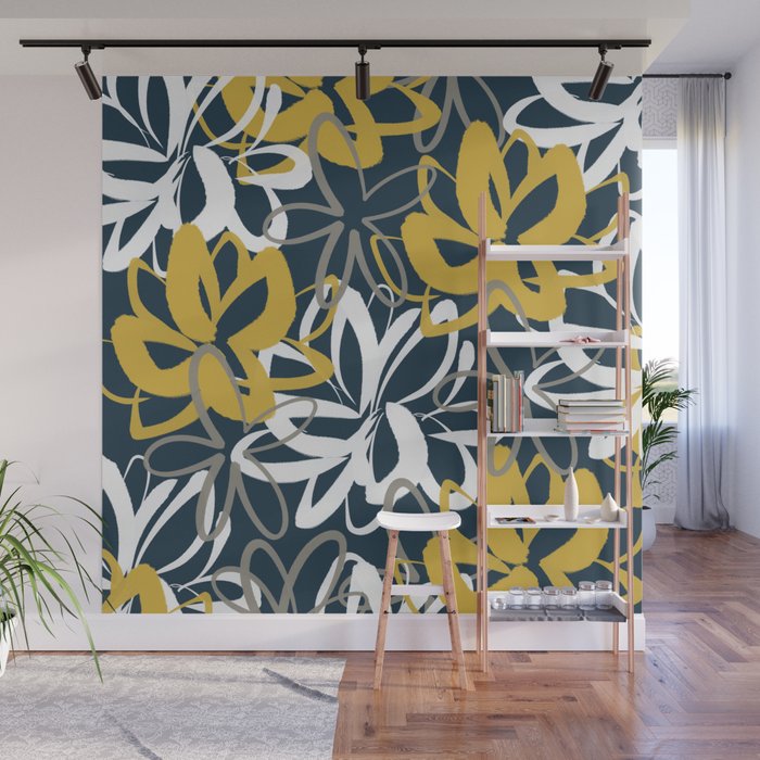 Lotus Garden Painted Floral Pattern in Light Mustard, White, and Gray on Navy Blue Wall Mural Gallery Image 1