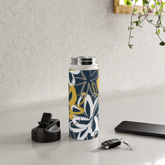 Lotus Garden Painted Floral Pattern in Light Mustard, White, and Gray on Navy Blue Water Bottle Gallery Image 4