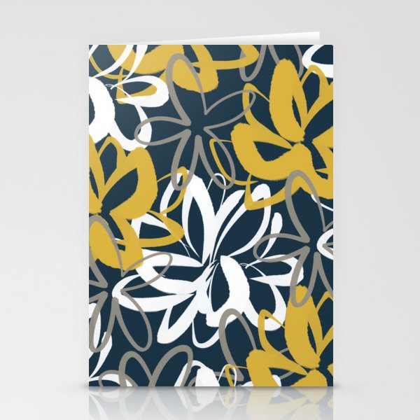 Lotus Garden Painted Floral Pattern in Light Mustard, White, and Gray on Navy Blue Stationery Card Gallery Image 1