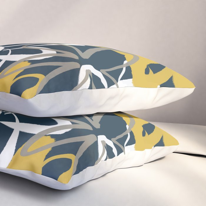 Lotus Garden Painted Floral Pattern in Light Mustard, White, and Gray on Navy Blue Pillow Sham Gallery Image 3