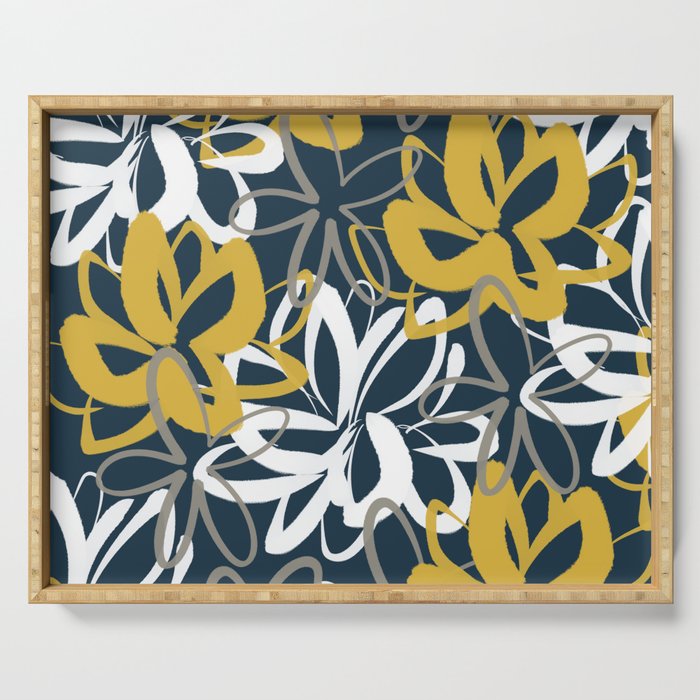 Lotus Garden Painted Floral Pattern in Light Mustard, White, and Gray on Navy Blue Serving Tray Gallery Image 1