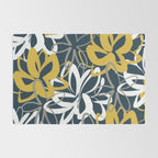 Lotus Garden Painted Floral Pattern in Light Mustard, White, and Gray on Navy Blue Rug Gallery Image 2