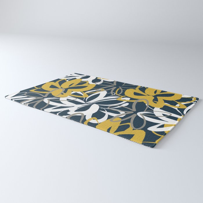 Lotus Garden Painted Floral Pattern in Light Mustard, White, and Gray on Navy Blue Rug Gallery Image 3