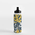 Lotus Garden Painted Floral Pattern in Light Mustard, White, and Gray on Navy Blue Water Bottle Gallery Image 2