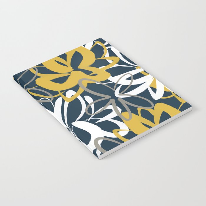 Lotus Garden Painted Floral Pattern in Light Mustard, White, and Gray on Navy Blue Notebook Gallery Image 1