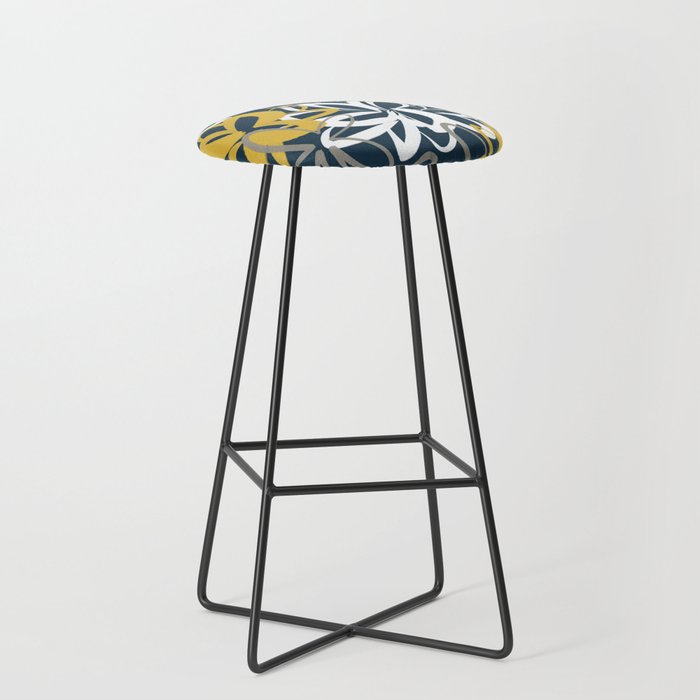 Lotus Garden Painted Floral Pattern in Light Mustard, White, and Gray on Navy Blue Stool Gallery Image 1