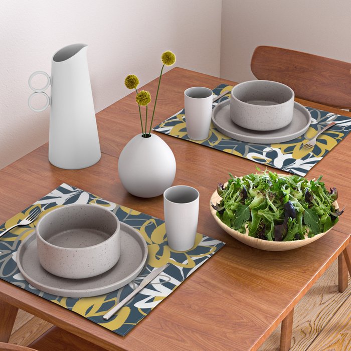 Lotus Garden Painted Floral Pattern in Light Mustard, White, and Gray on Navy Blue Placemat Gallery Image 2