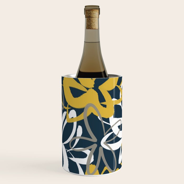 Lotus Garden Painted Floral Pattern in Light Mustard, White, and Gray on Navy Blue Wine Chiller Gallery Image 3