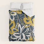 Lotus Garden Painted Floral Pattern in Light Mustard, White, and Gray on Navy Blue Duvet Cover Gallery Image 6