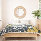 Lotus Garden Painted Floral Pattern in Light Mustard, White, and Gray on Navy Blue Duvet Cover Gallery Image 3