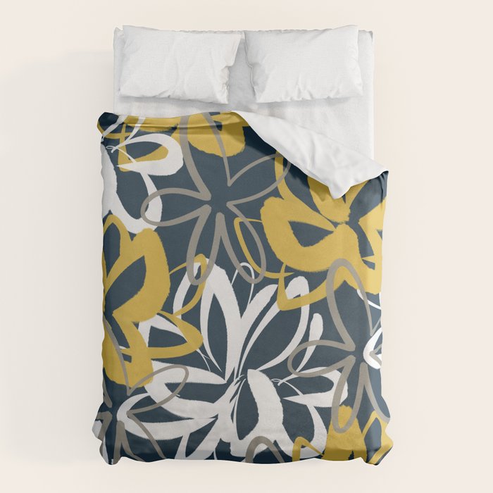 Lotus Garden Painted Floral Pattern in Light Mustard, White, and Gray on Navy Blue Duvet Cover Gallery Image 1